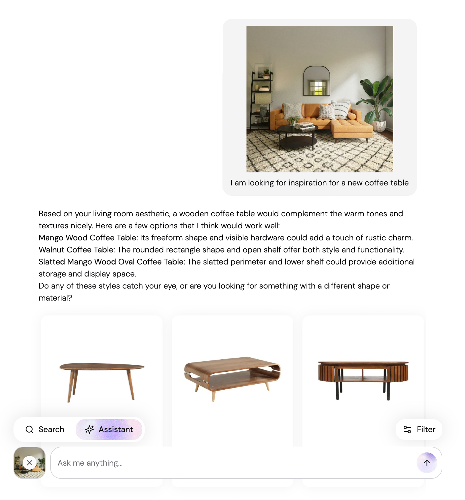 Lila AI assistant result when looking for a coffee table for the room uploaded in the image