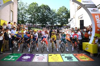 The jerseys, other competition leaders and French champion before the start of stage six of the Tour de France Femmes 2024