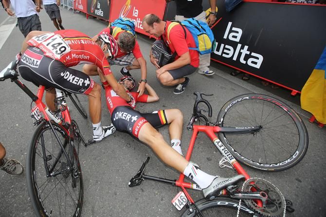 Adam Hansen (Lotto Belisol) collapsed after winning stage 19 of the Vuelta a Espa&ntilde;a