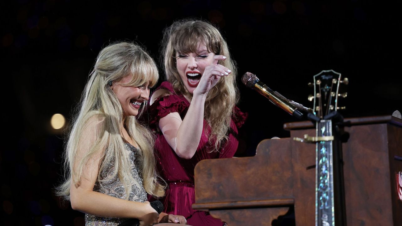 Taylor Swift and Sabrina Carpenter perform on stage at the Eras Tour