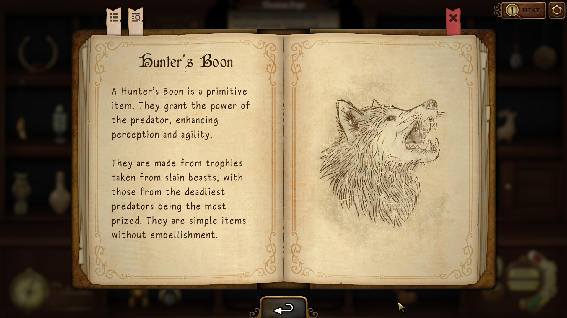 Strange Antiquities screenshot showing a book detailing the Hunter's Boon, which is a primitive item that grants the power of a predator