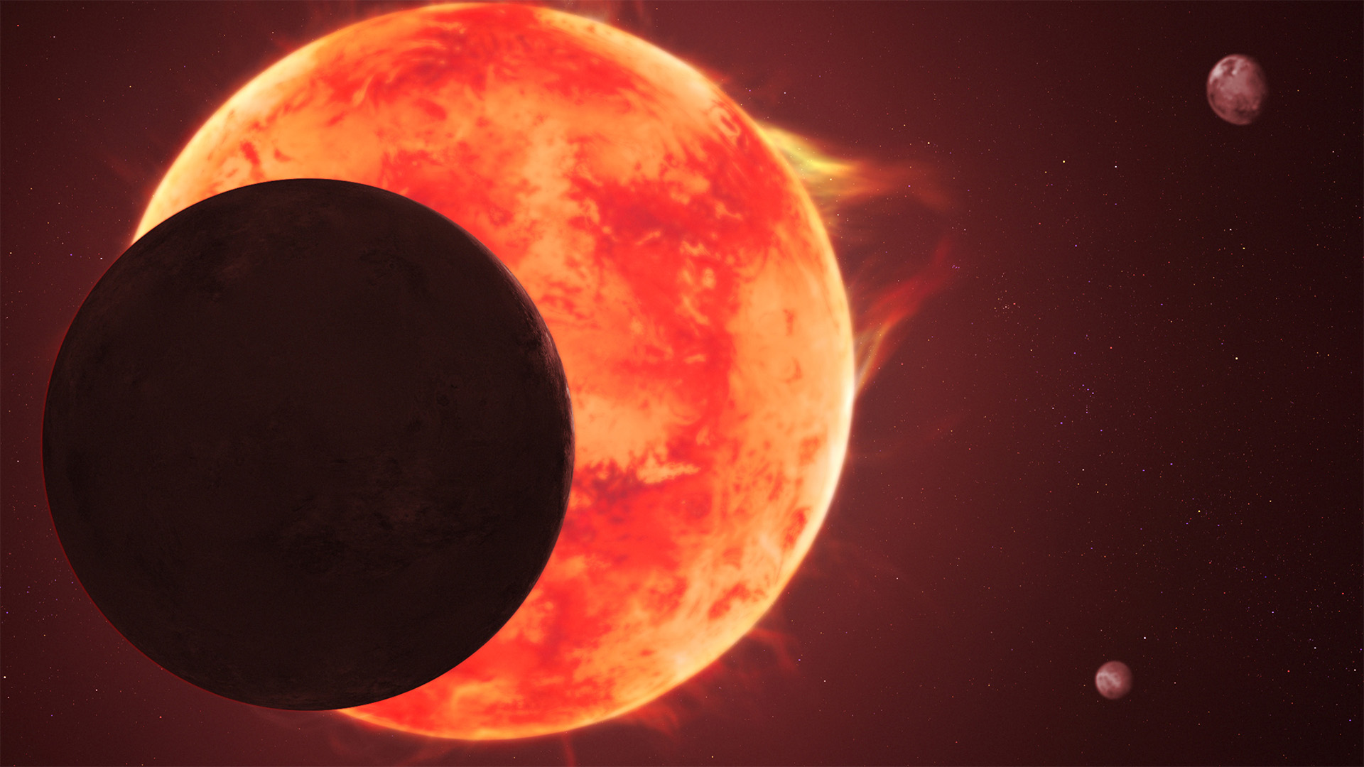 An illustration showing a dark sphere hiding behind a glowing orange one, with two smaller spheres farther away in the bottom and top right corners of the image