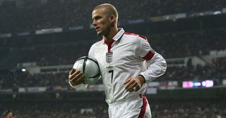David Beckham of England in action during the international friendly match between Spain and England on November 17, 2004 at the Estadio Bernabeu in Madrid, Spain.