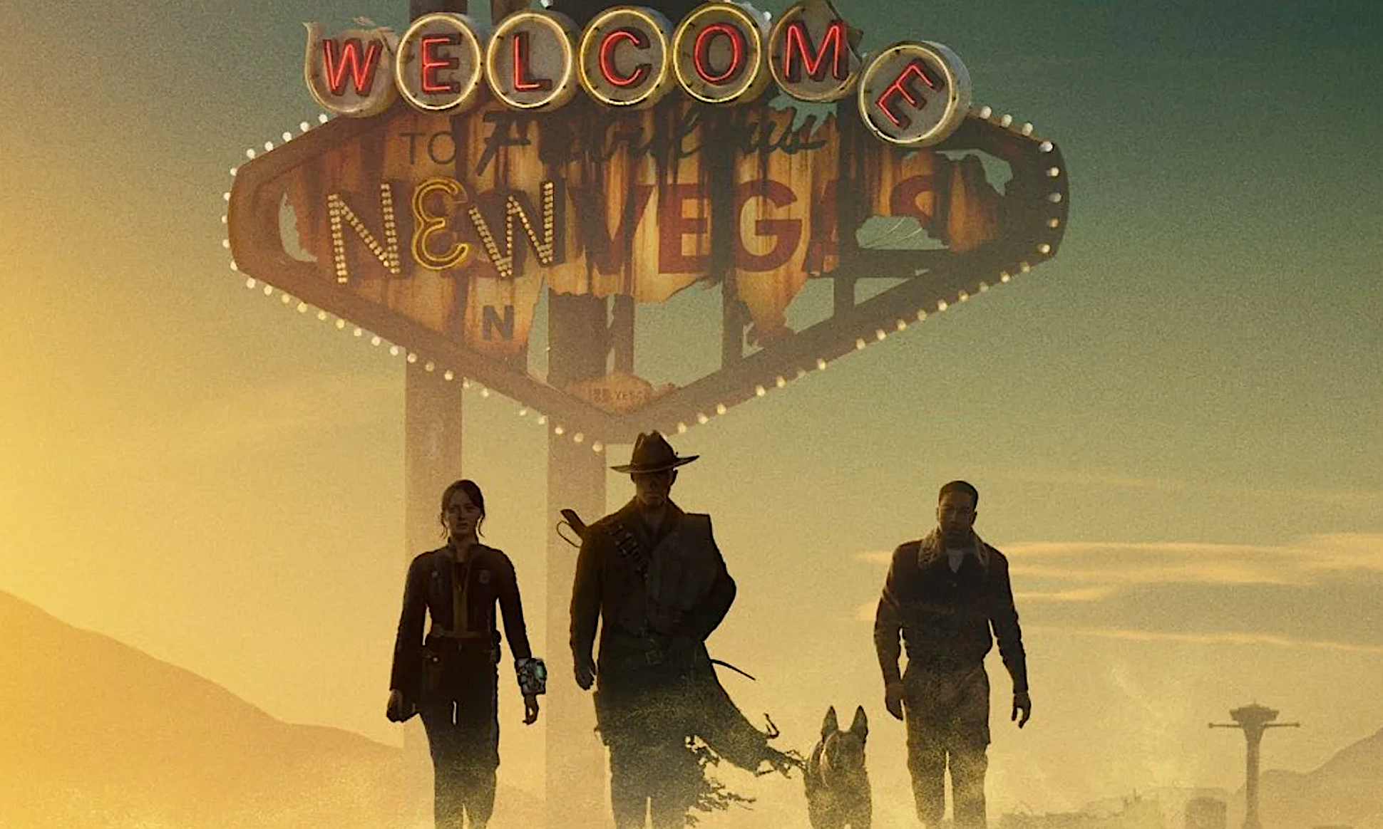 Three human figures and a dog beneath a rusted New Vegas sign