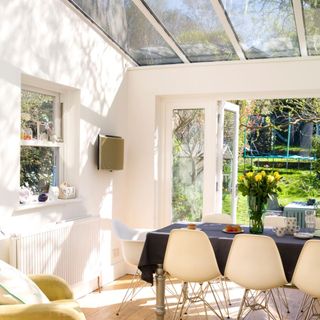 White dining room extension with glass ceiling