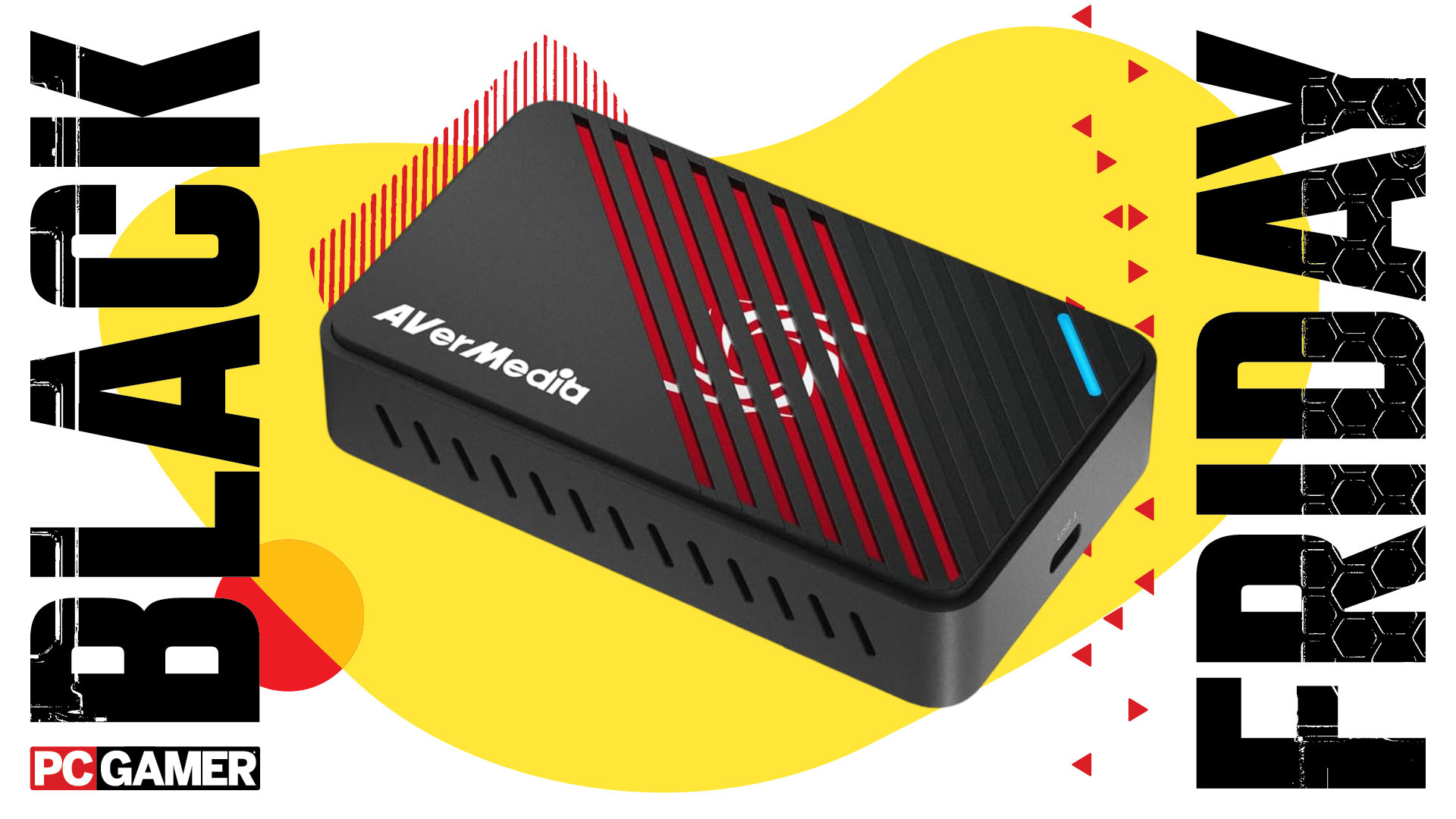 An image of an AverMedia GC553Pro capture card against a colorful background, with a set of PC Gamer and Black Friday logos on the sides.