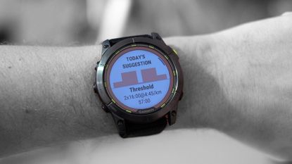 Garmin Enduro 2 worn on the wrist showing daily suggested workouts