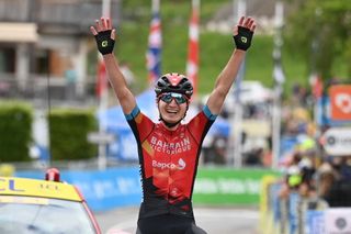 Ukrainian Mark Padun of Bahrain Victorious celebrates after winning the last stage of the 73rd edition of the Criterium du Dauphine cycling race from La Lechere to Les Gets France Sunday 06 June 2021BELGA PHOTO DAVID STOCKMAN Photo by DAVID STOCKMANBELGA MAGAFP via Getty Images