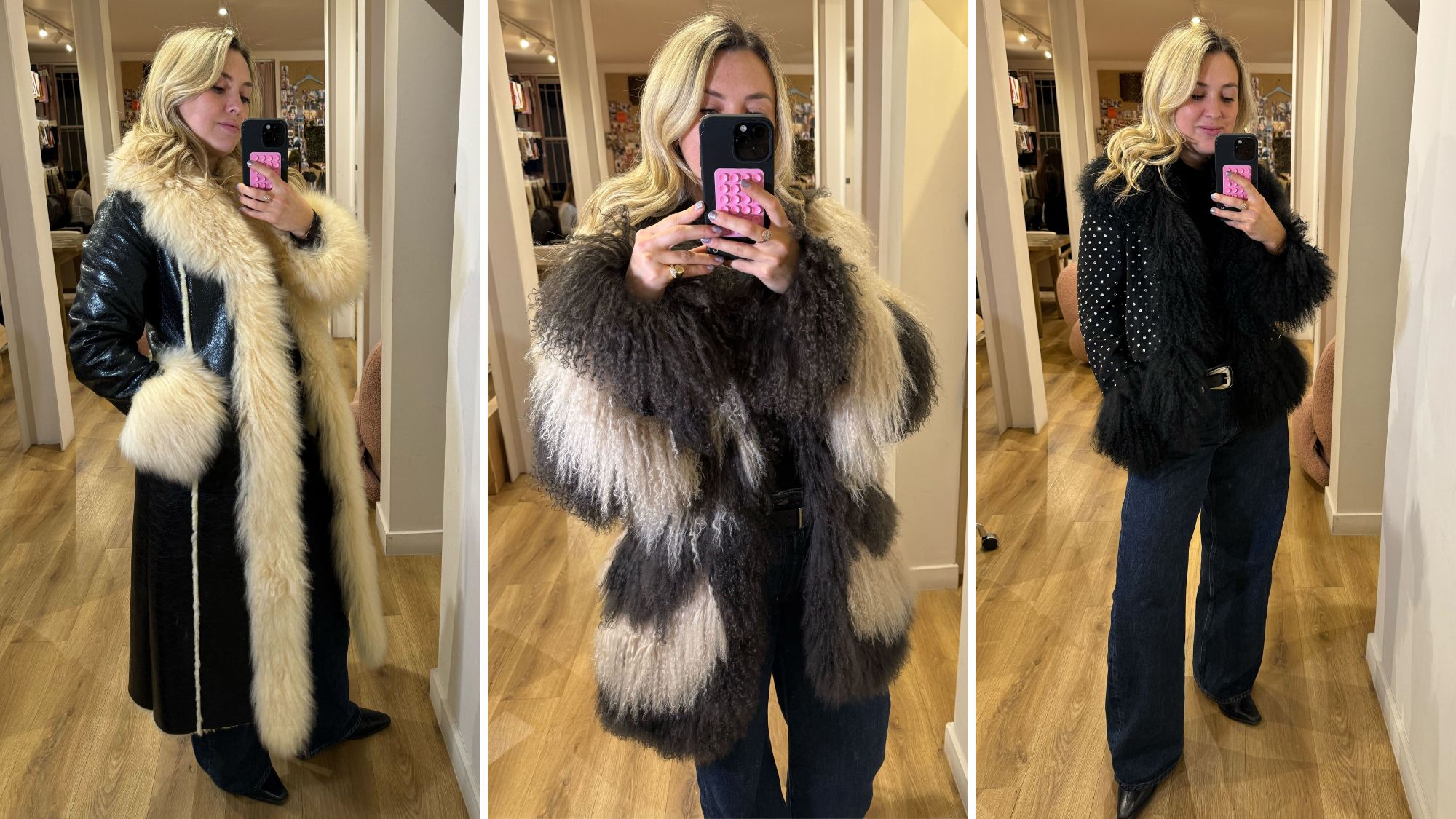 clementina jackson tries on three coats from charlotte simone's new collection