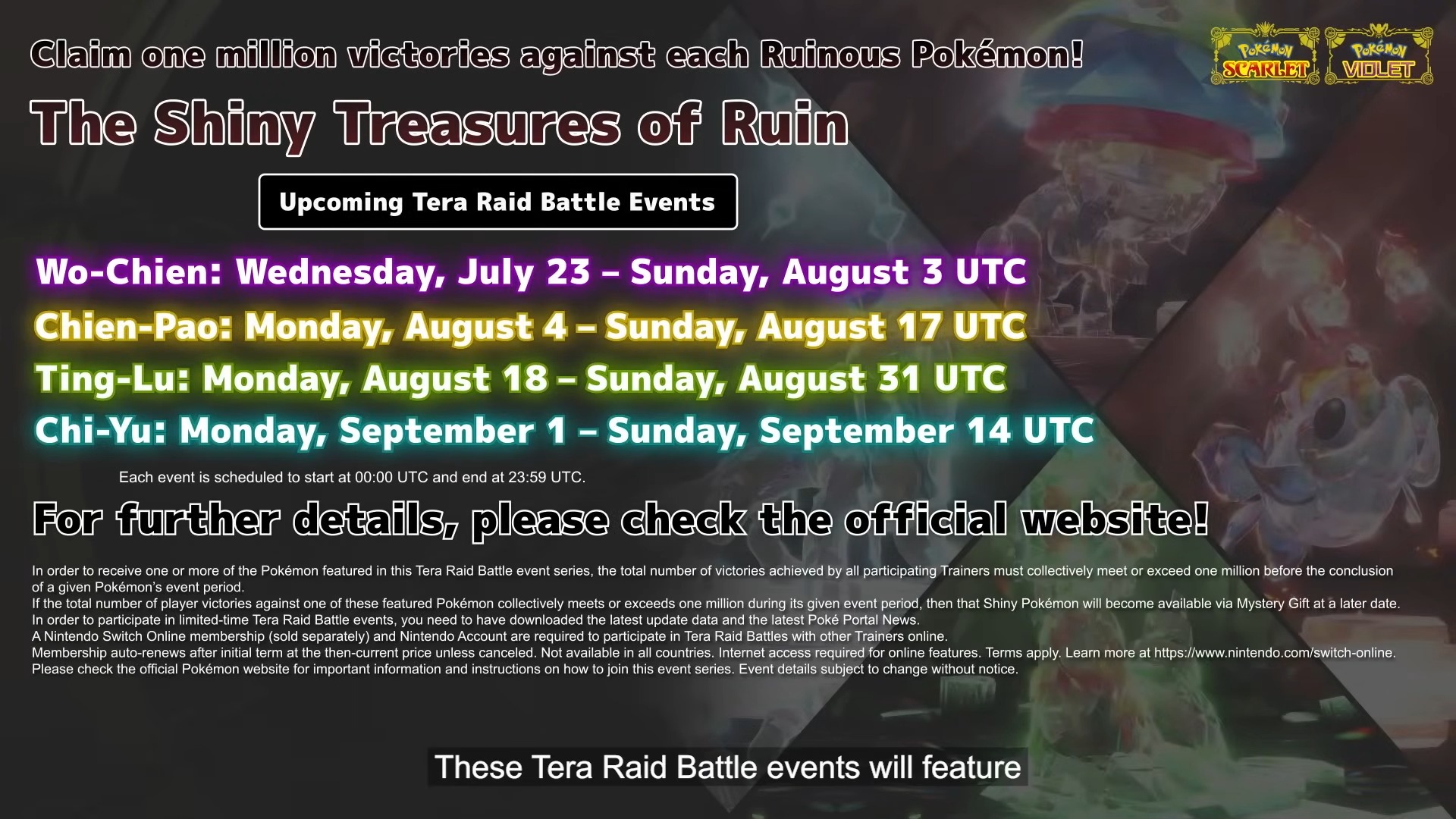 Event schedule for Ruinous Pokémon Tera Raid battles in Pokémon Scarlet and Violet