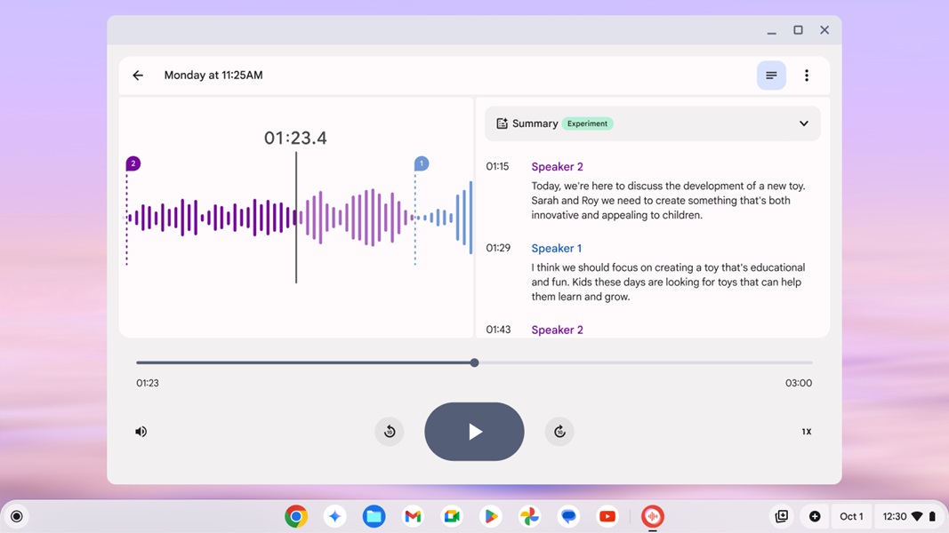 The Samsung Galaxy Chromebook Plus picks up the Recorder app for transcriptions and speaker labels.