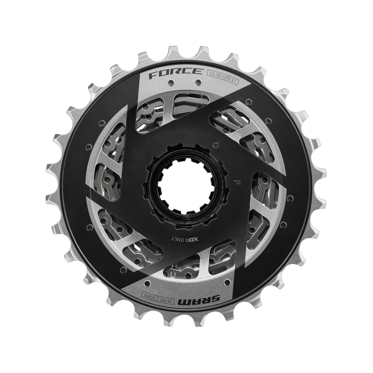 A SRAM Force AXS cassette viewed from behind