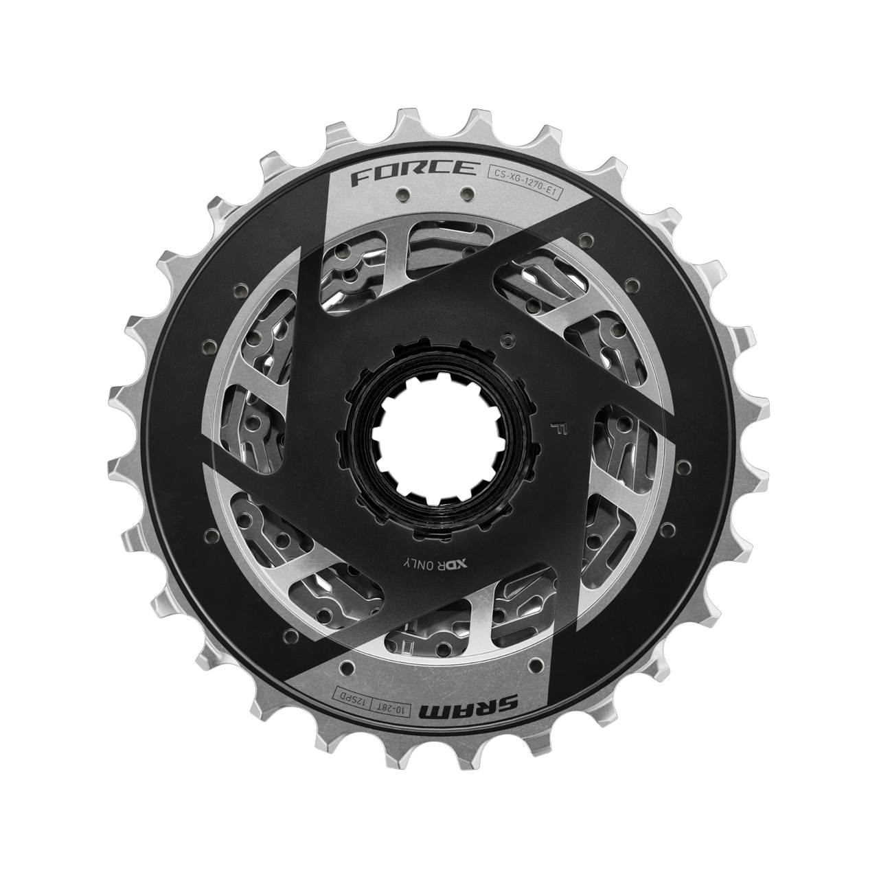 A SRAM Force AXS cassette viewed from behind
