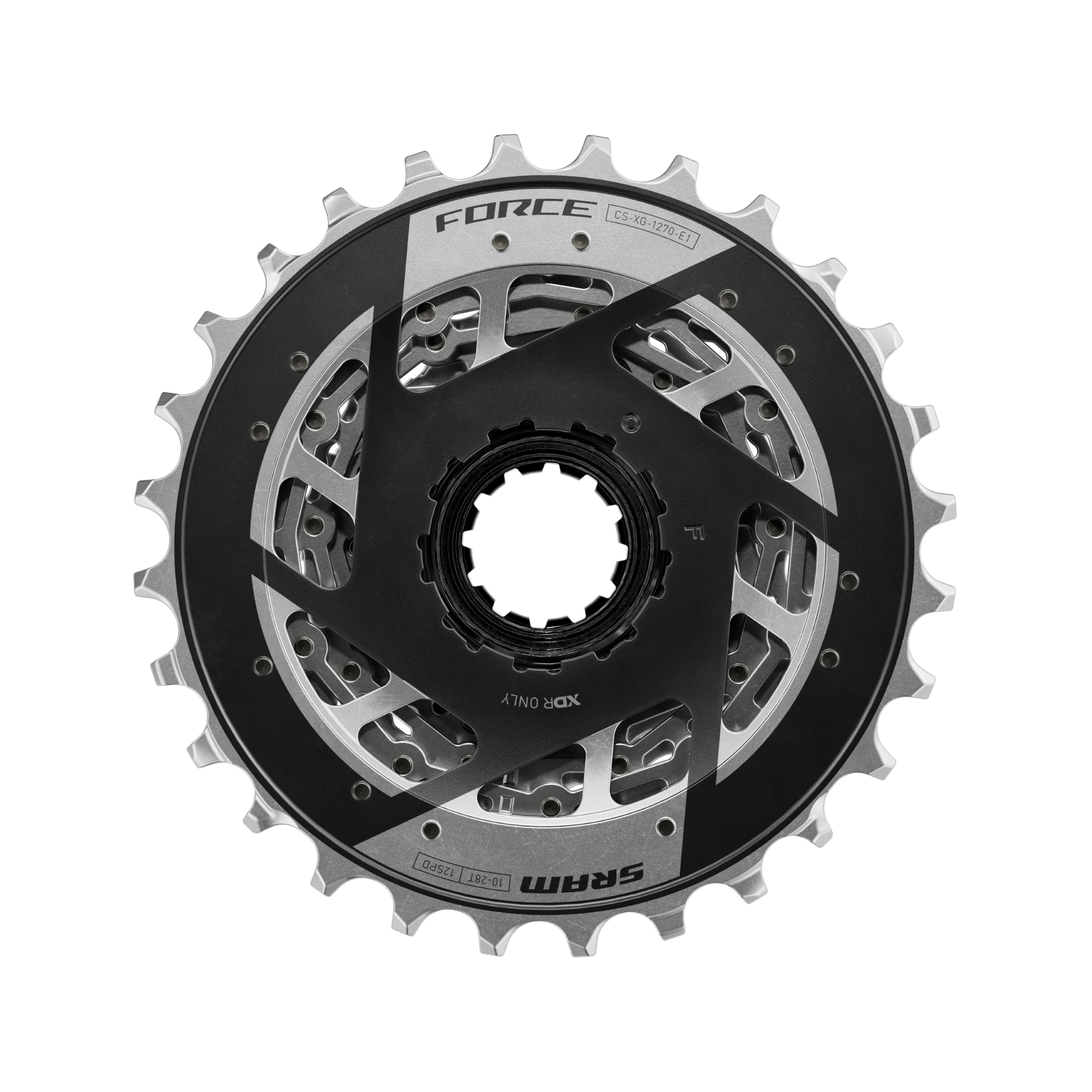 A SRAM Force AXS cassette viewed from behind