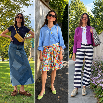 Three fall outfit ideas featuring a patchwork denim maxi skirt, a colorful floral skirt with a blue button-down, and striped wide-leg pants with a purple cardigan.