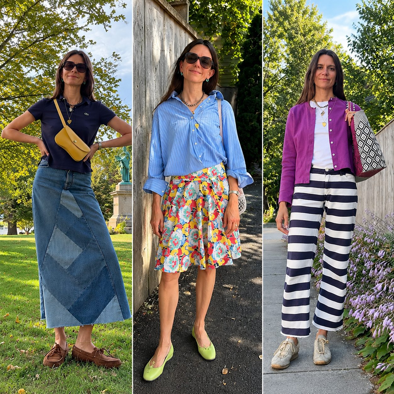 Three fall outfit ideas featuring a patchwork denim maxi skirt, a colorful floral skirt with a blue button-down, and striped wide-leg pants with a purple cardigan.