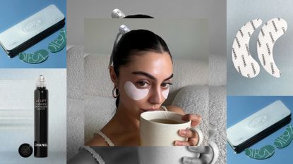 Woman wearing eye patches and drinking tea