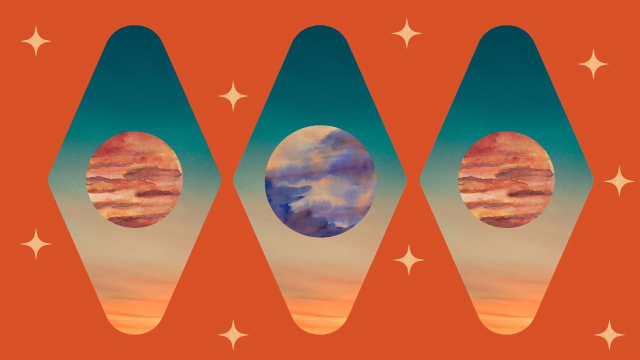 Jupiter and Venus conjunction. Pictured: Planets representing Jupiter and Venus on an orange background