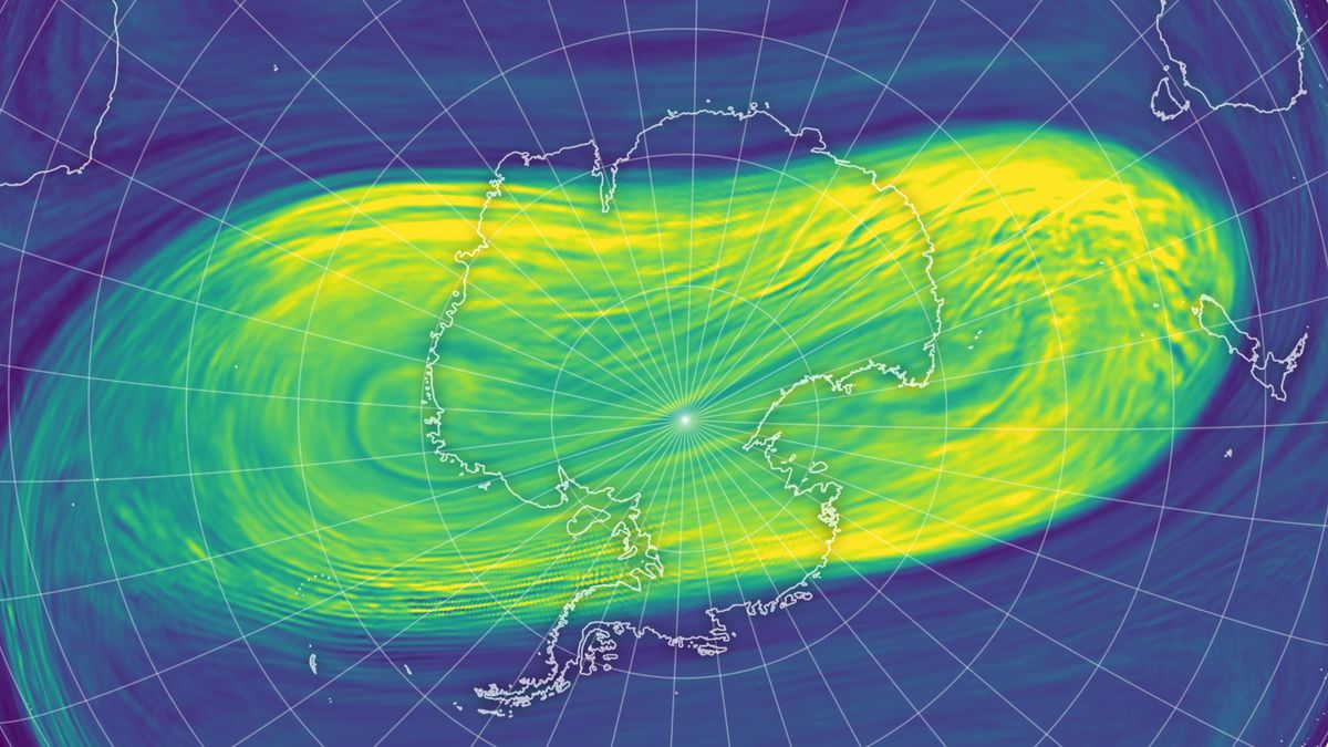 Visualization of the polar vortex over Antarctica. The vortex of winds is elongated and colored yellow-green against a blue map.