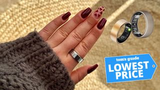 A woman's hand with red nails wearing the silver Oura Ring 3 on index finger with Tom's Guide lowest price badge