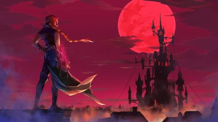 Castlevania: Belmont&rsquo;s Curse official artwork showing a Belmont overlooking Dracula's castle
