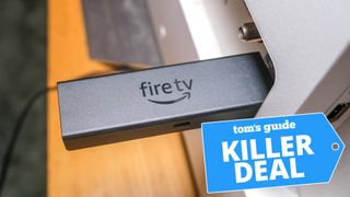 Photo of an Amazon Fire TV Stick 4K Max in a TV, with the "Tom's Guide Killer Deal" tag overlaid