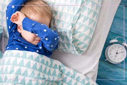 Clocks go back and baby sleep illustrated by baby in blue pjs