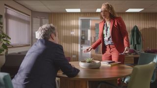 Andrew Treneman (Jamie Campbell) and Kim Campbell (Angela Griffin) chat in the headmaster&#039;s office in Waterloo Road series 13 episode 8