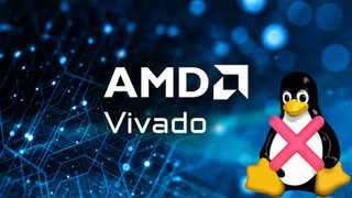 An AMD Vivado logo image overlaid with Tux the Linux Penguin, who is crossed out with a large red 'X'.