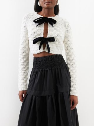 Teresa velvet-bow wool-blend cropped cardigan