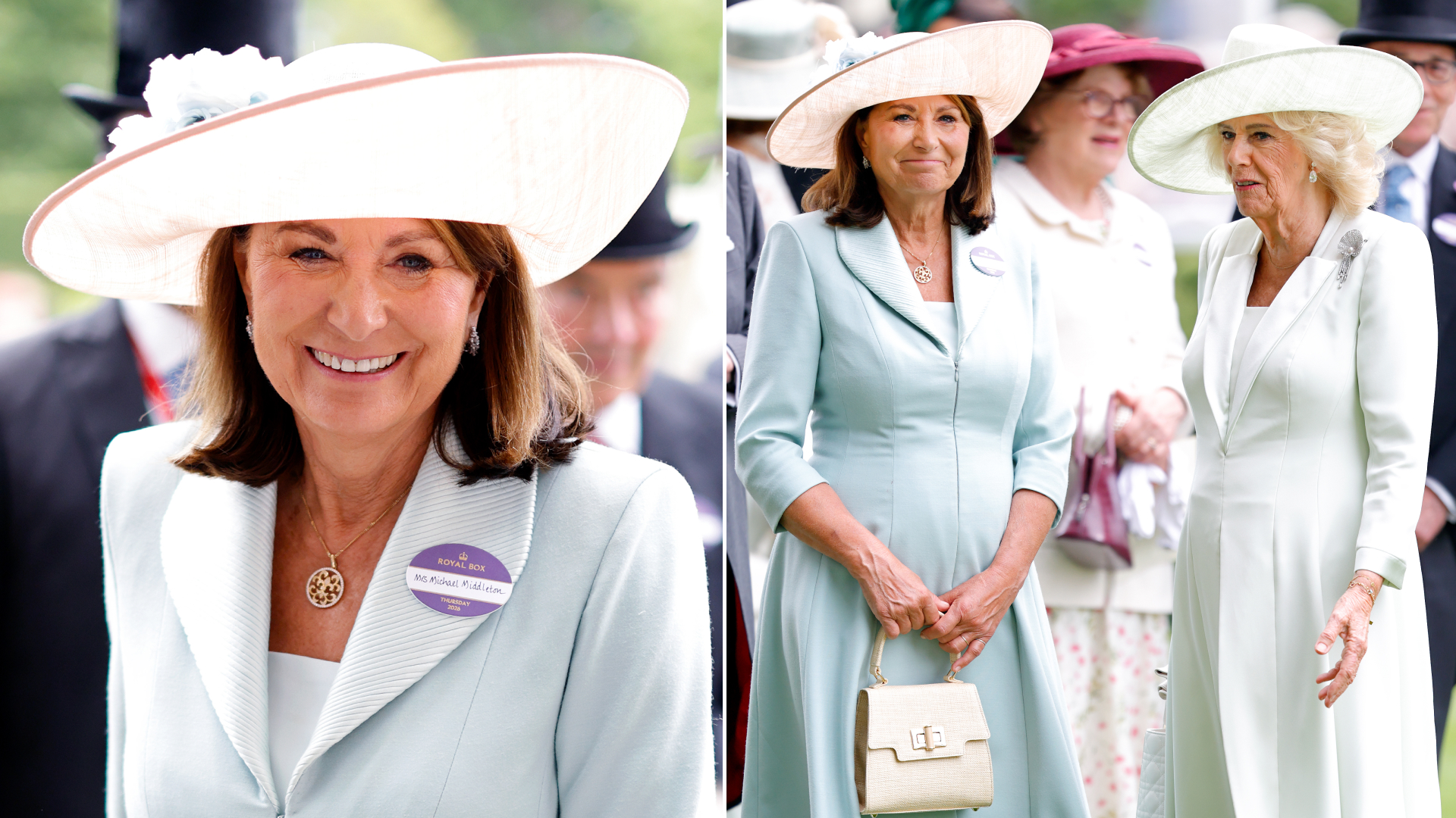 Carole Middleton carries her Emmy London bag to attend day 3 'Ladies Day' of Royal Ascot 2026 at Ascot Racecourse on June 18, 2026 in Ascot, England. 