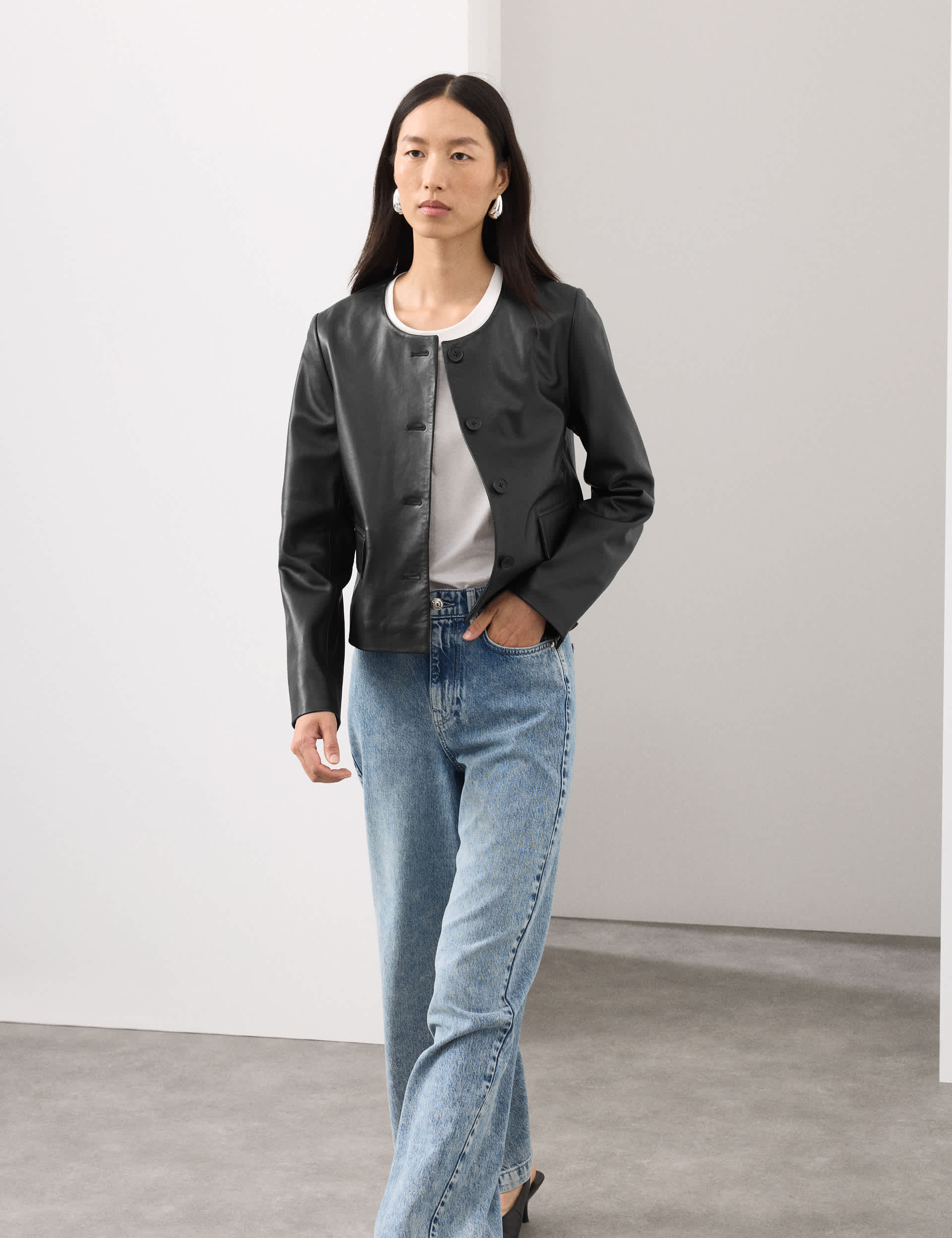 Leather Collarless Jacket