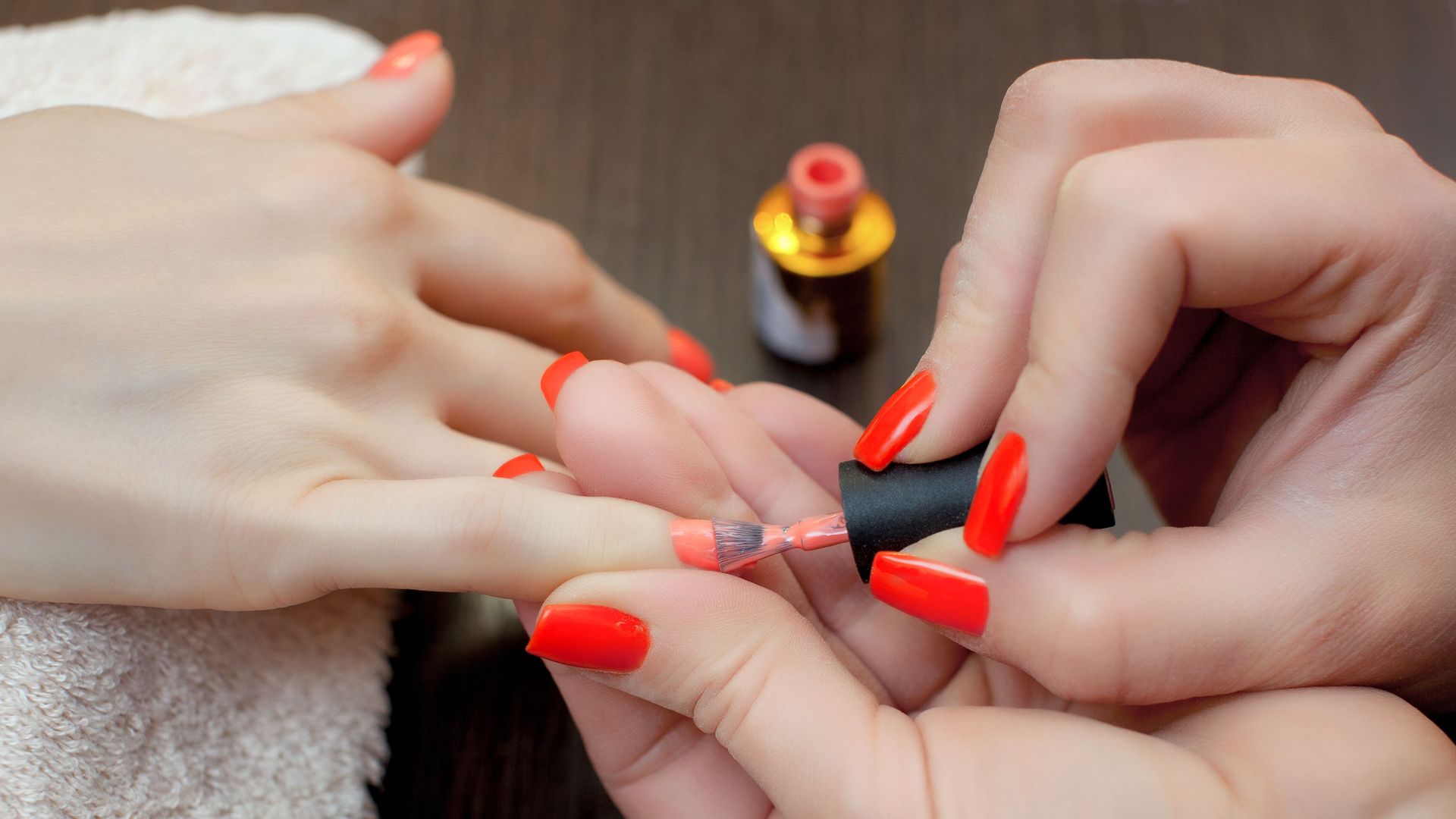 The master of the manicure paints nails with nail polish during the procedure of nail extensions with gel in the beauty salon. Professional care for hands.