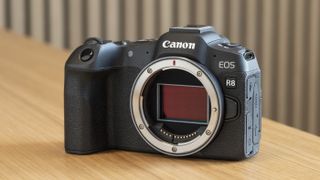 Canon EOS R8 on a table with no lens and full-frame sensor
