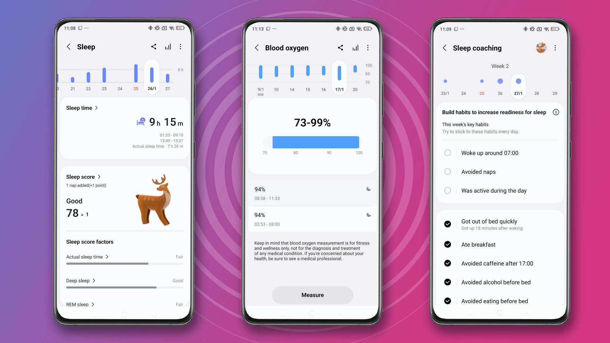 Three Android phone screens showing the author's Samsung Health data: the first shows sleep breakdown by day, including an incorrectly logged nap; the second shows Blood Oxygen ranging from 73% - 99%; the last shows Sleep Coaching tips.