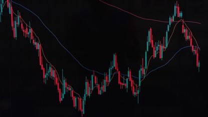 stock chart with red and green bars going up and down in a choppy manner and red and blue moving averages