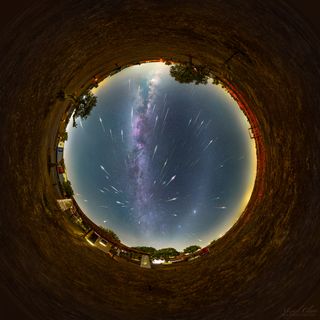 a circular overhead view of the sky and shooting stars and the milky way