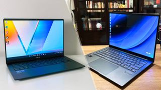 A split image with the Asus Vivobook S14 on the left and the Asus Zenbook 14 OLED on the right