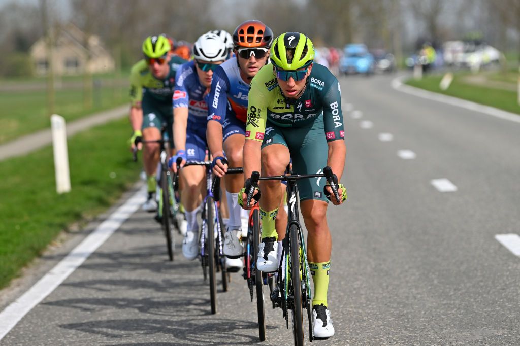 DE PANNE BELGIUM MARCH 20 Filip Maciejuk of Poland and Team BoraHansgrohe leads the peloton during the 48th Classic BruggeDe Panne 2024 Mens Elite a 1989km one day race from Brugge to De Panne UCIWT on March 20 2024 in De Panne Belgium Photo by Luc ClaessenGetty Images