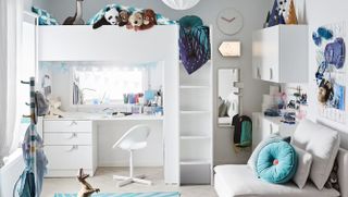 Small child's bedroom with loft bed and desk beneath