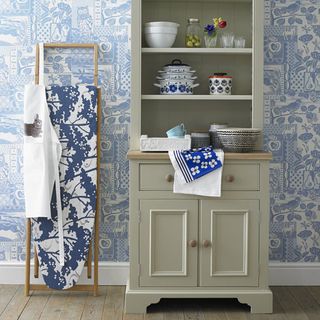 dresser with pattern wall and cupboard