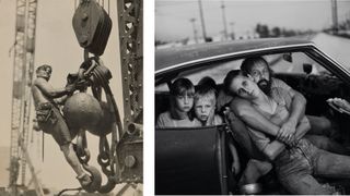 Left photo: A shirtless construction worker grins as he clings with easy confidence to a giant iron hook and pulley high above the Empire State Building construction site.Right photo: A woman leans exhausted against a bearded man in the front seat of a worn car, while two young children stare directly and blankly into the camera from the back.