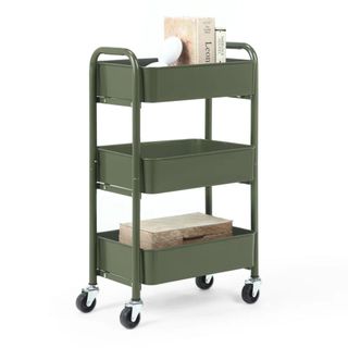 Khaki green rolling cart with books