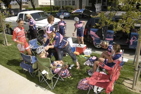 Team soigneur, Molly Carlson taking care of the girls after a hard Beaumont Circuit Race