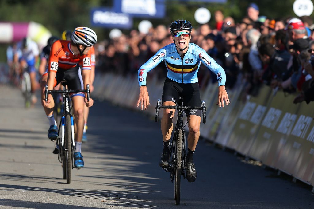 Quinten Hermans (Belgium) throws his arms in the air