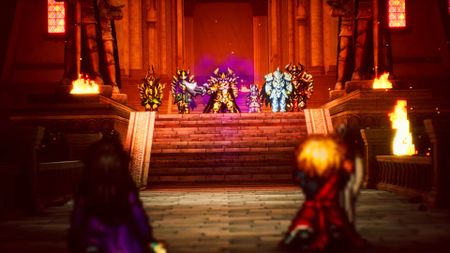 A group of Final Fantasy Resonance leads faces foes at the top of stairs in a castle