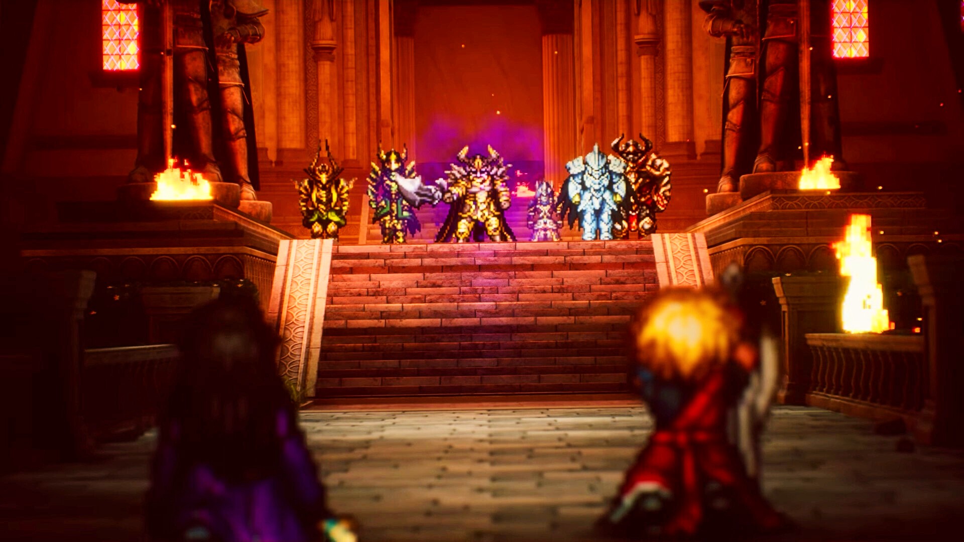 A group of Final Fantasy Resonance leads faces foes at the top of stairs in a castle