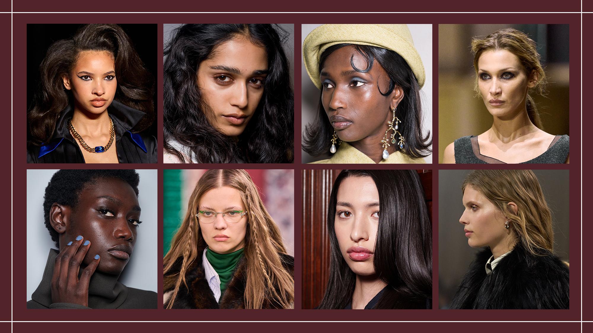 A collage with 8 AW26 beauty looks on a burgundy background