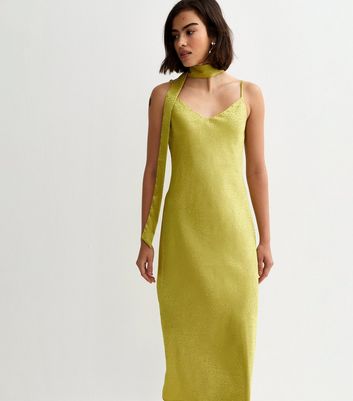 Light Green Satin Slip Midi Dress With Scarf