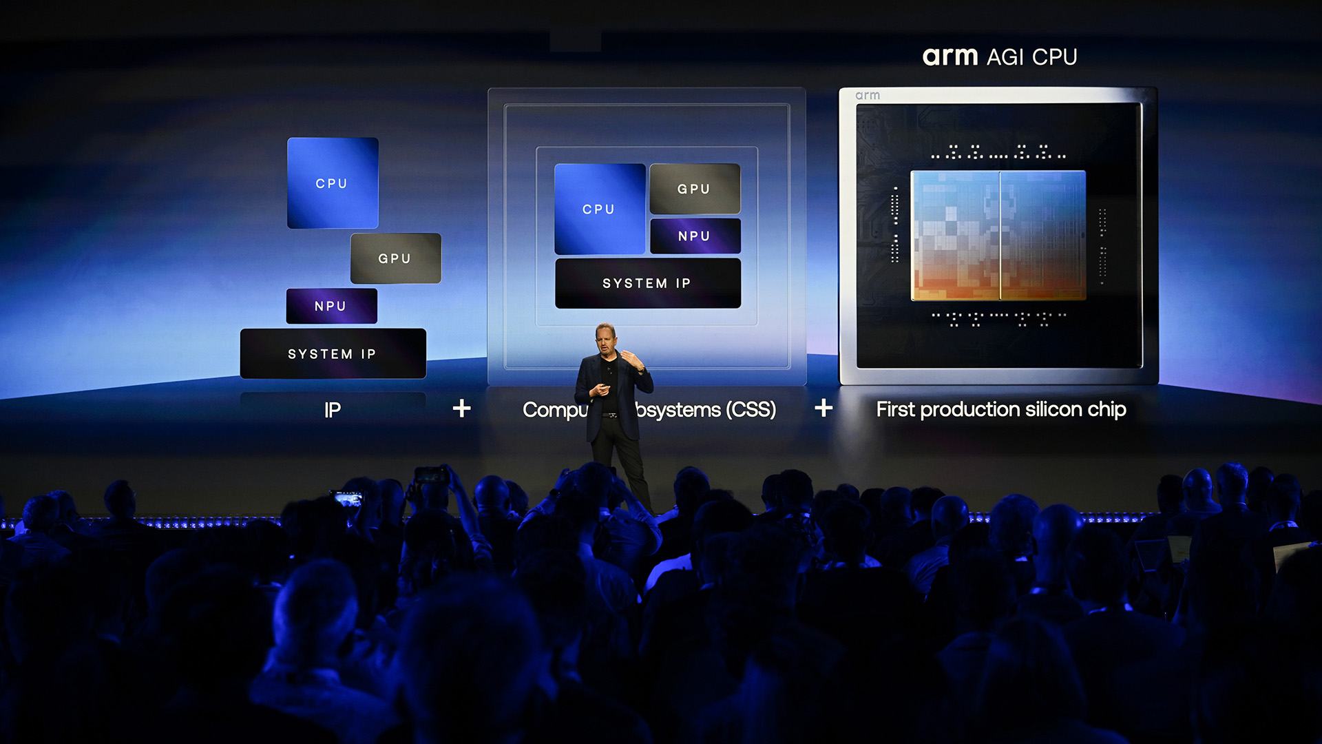 A photo of Rene Haas, chief executive officer of Arm Holdings Plc, announcing the Arm AGI CPU onstage at the Arm Everywhere event in San Francisco. Behind him, a diagram of the chip is shown, while in front an audience can dimly be seen.